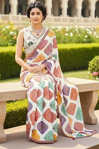Multicolor printed saree with colorful geometric motifs and floral blouse