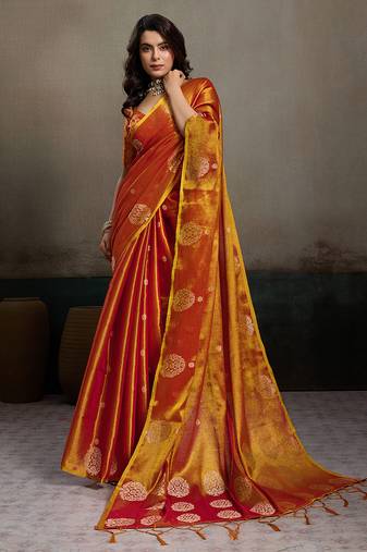 Orange color tissue silk fabric woven designer partywear saree