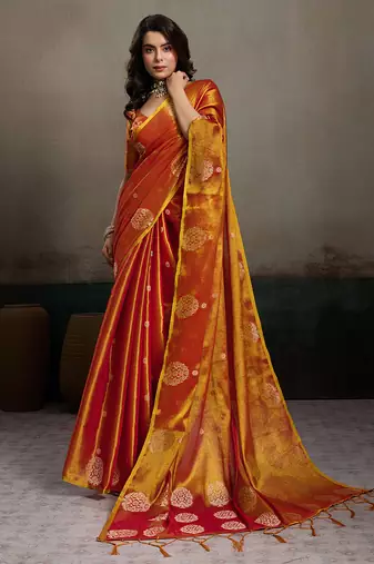 Orange color tissue silk fabric woven designer partywear saree