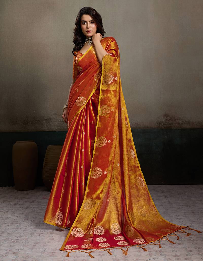 Orange color tissue silk fabric woven designer partywear saree