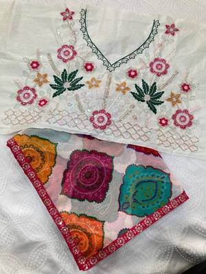 Multicolor printed saree with colorful geometric motifs and floral blouse 3