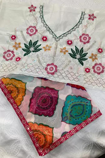 Multicolor printed saree with colorful geometric motifs and floral blouse
