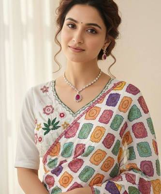 Multicolor printed saree with colorful geometric motifs and floral blouse 5