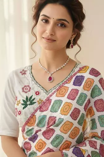 Multicolor printed saree with colorful geometric motifs and floral blouse