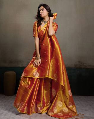 Orange tissue silk blend woven partywear saree 4