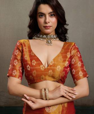 Orange tissue silk blend woven partywear saree 5