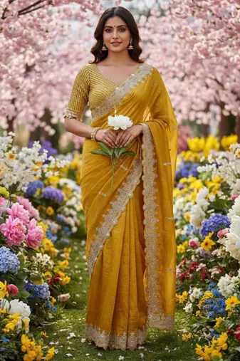 Yellow silk blend saree with scalloped zari border and striped blouse