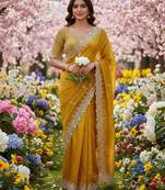 Yellow silk blend saree with scalloped zari border and striped blouse