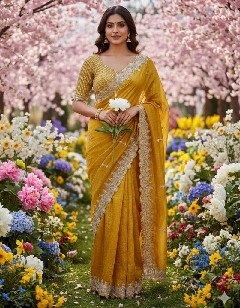 Yellow silk blend saree with scalloped zari border and striped blouse