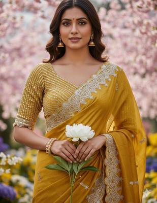 Yellow silk blend saree with scalloped zari border and striped blouse 4