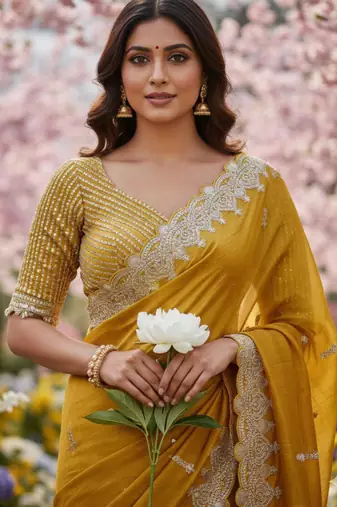 Yellow silk blend saree with scalloped zari border and striped blouse