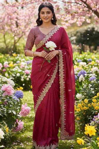 Red silk blend saree with scalloped zari border and striped blouse