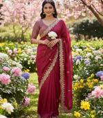 Red silk blend saree with scalloped zari border and striped blouse