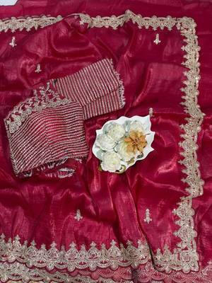 Red silk blend saree with scalloped zari border and striped blouse 2