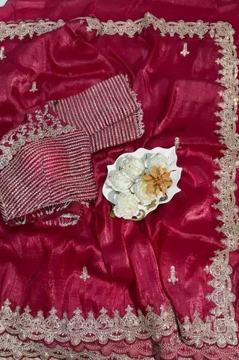 Red silk blend saree with scalloped zari border and striped blouse