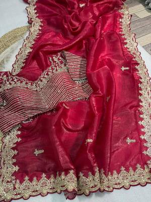 Red silk blend saree with scalloped zari border and striped blouse 3