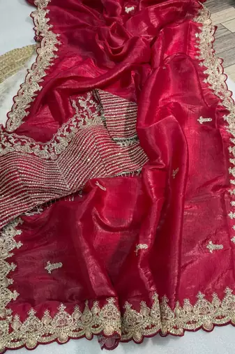 Red silk blend saree with scalloped zari border and striped blouse