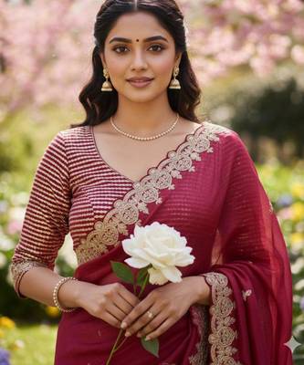 Red silk blend saree with scalloped zari border and striped blouse 4
