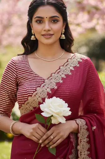 Red silk blend saree with scalloped zari border and striped blouse