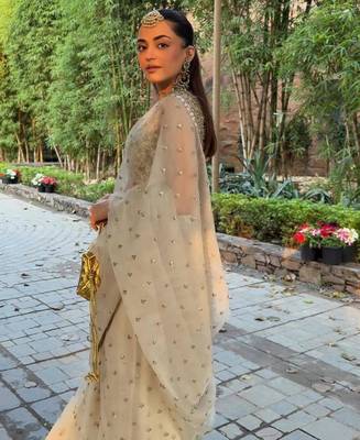 Cream embroidered saree with gold sequins-work 2