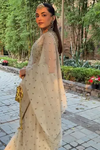 Cream embroidered saree with gold sequins-work