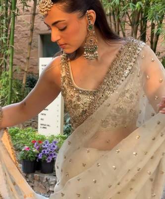 Cream embroidered saree with gold sequins-work 3