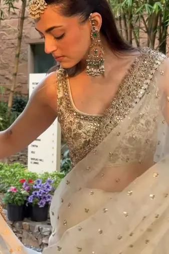 Cream embroidered saree with gold sequins-work