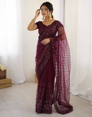 Wine embroidered net saree  with sequins work 1