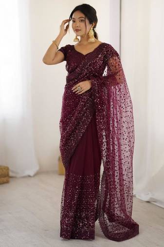 Wine embroidered net saree  with sequins work