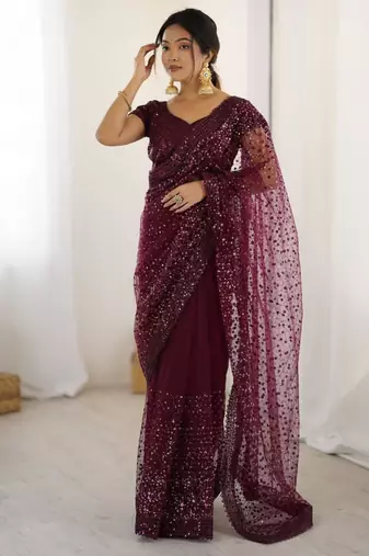 Wine embroidered net saree  with sequins work