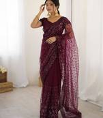 Wine embroidered net saree  with sequins work