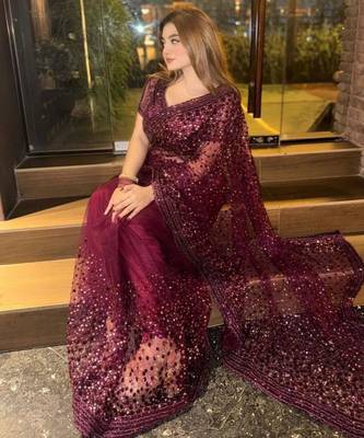 Wine embroidered net saree  with sequins work 2