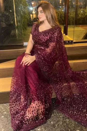 Wine embroidered net saree  with sequins work