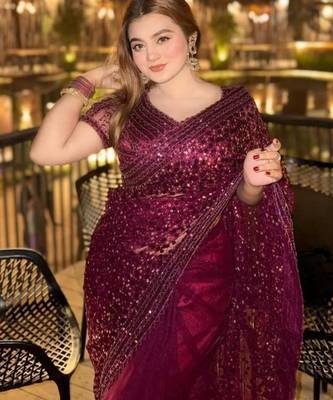 Wine embroidered net saree  with sequins work 3