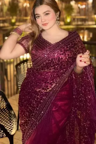 Wine embroidered net saree  with sequins work