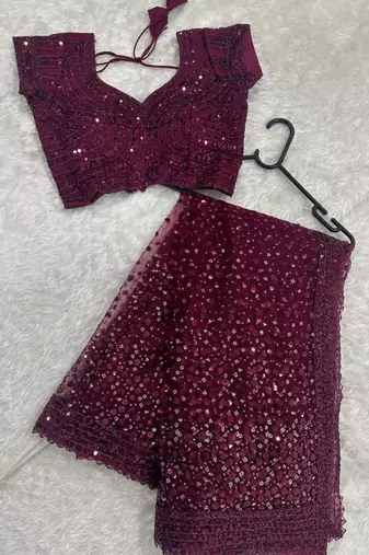 Wine embroidered net saree  with sequins work