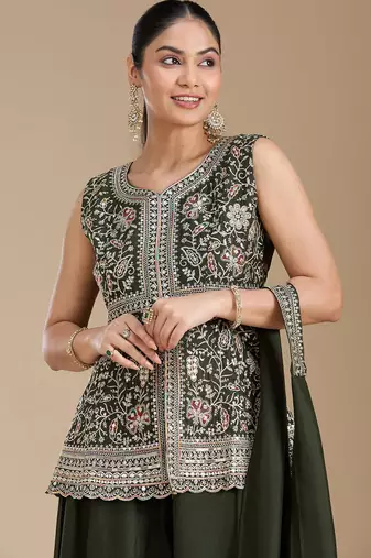Mehendi color star georgette party wear designer peplum sharara set
