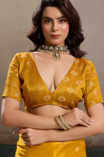 Mustard tissue silk blend woven partywear saree