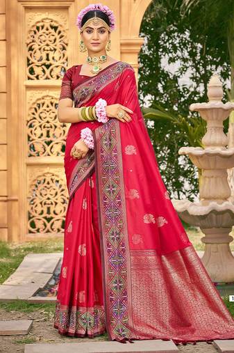 Red color woven designer soft silk fabric for ethnic party looks