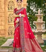 Red color woven designer soft silk fabric for ethnic party looks