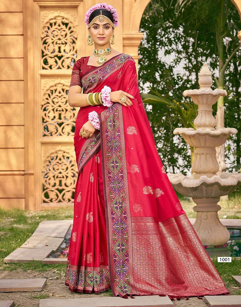 Red color woven designer soft silk fabric for ethnic party looks