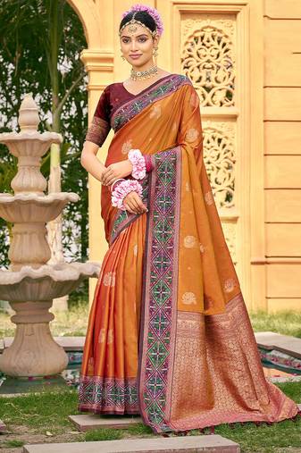 Rust color woven designer soft silk fabric for ethnic party looks