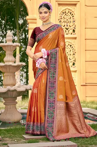 Rust color woven designer soft silk fabric for ethnic party looks