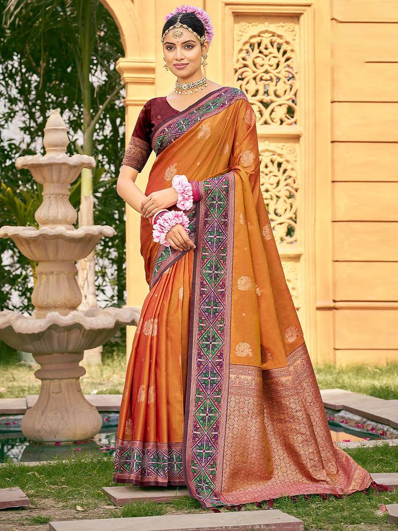 Rust color woven designer soft silk fabric for ethnic party looks