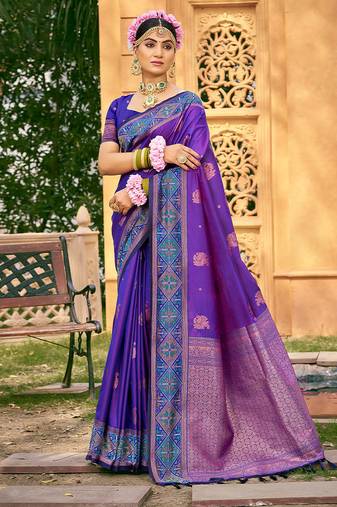 Purple color woven designer soft silk fabric for ethnic party looks