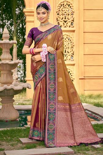 Brown color woven designer soft silk fabric for ethnic party looks