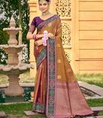 Brown color woven designer soft silk fabric for ethnic party looks