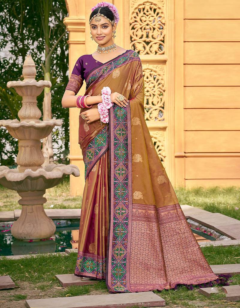 Brown color woven designer soft silk fabric for ethnic party looks