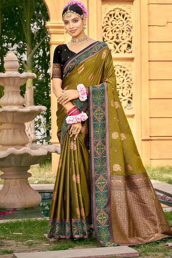 Mahendi color woven designer soft silk fabric for ethnic party looks