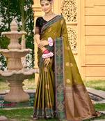 Mahendi color woven designer soft silk fabric for ethnic party looks